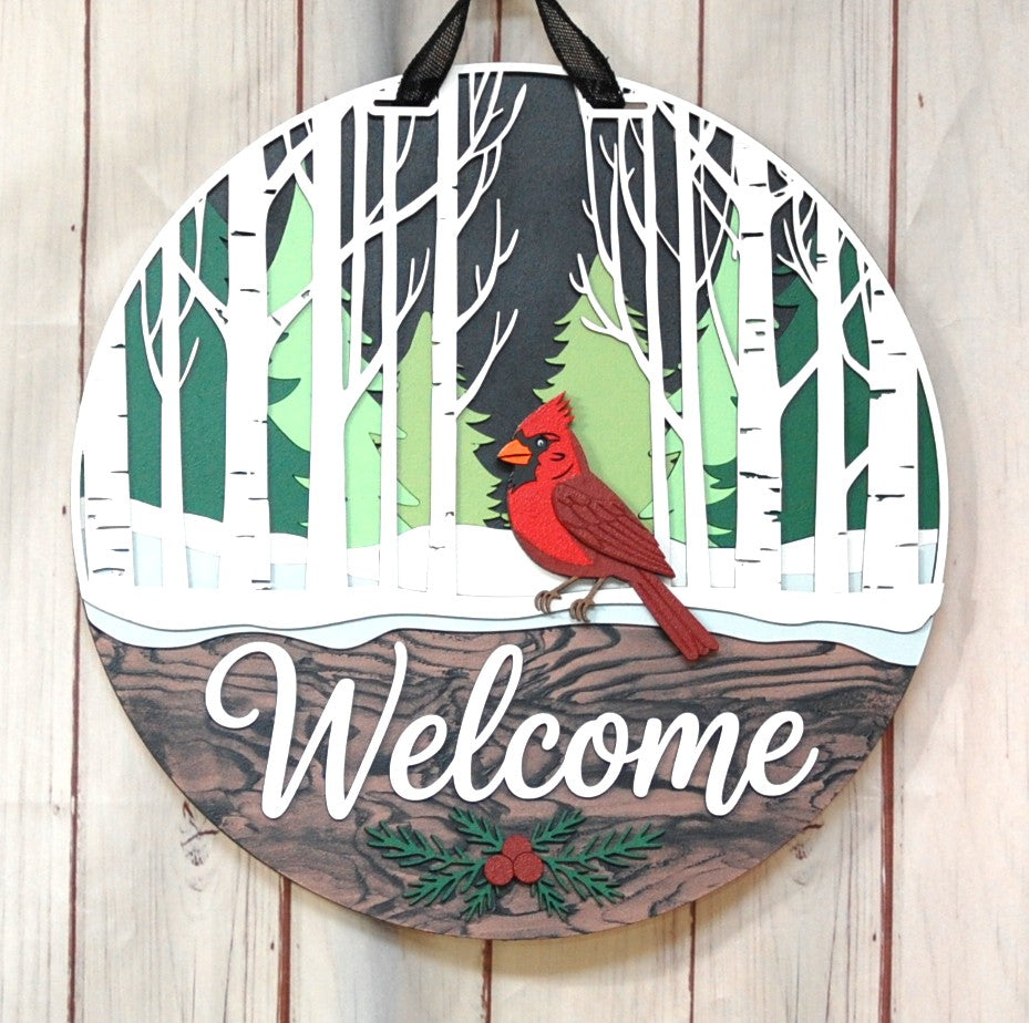 Welcome winter scene w/cardinal