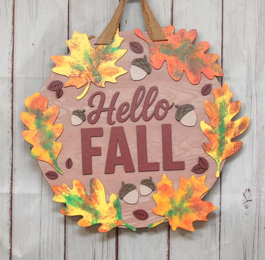 Hello Fall with autumn leaves 15" door hanger