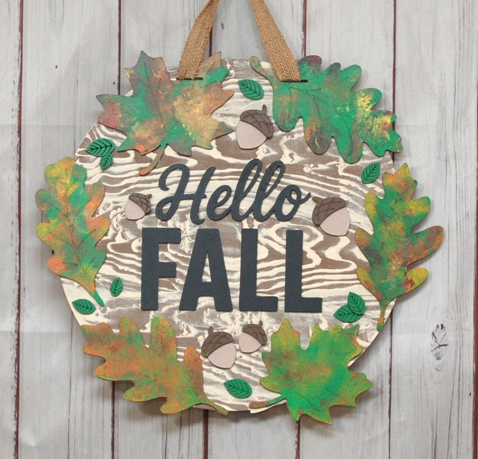 Hello Fall with autumn leaves 15" door hanger