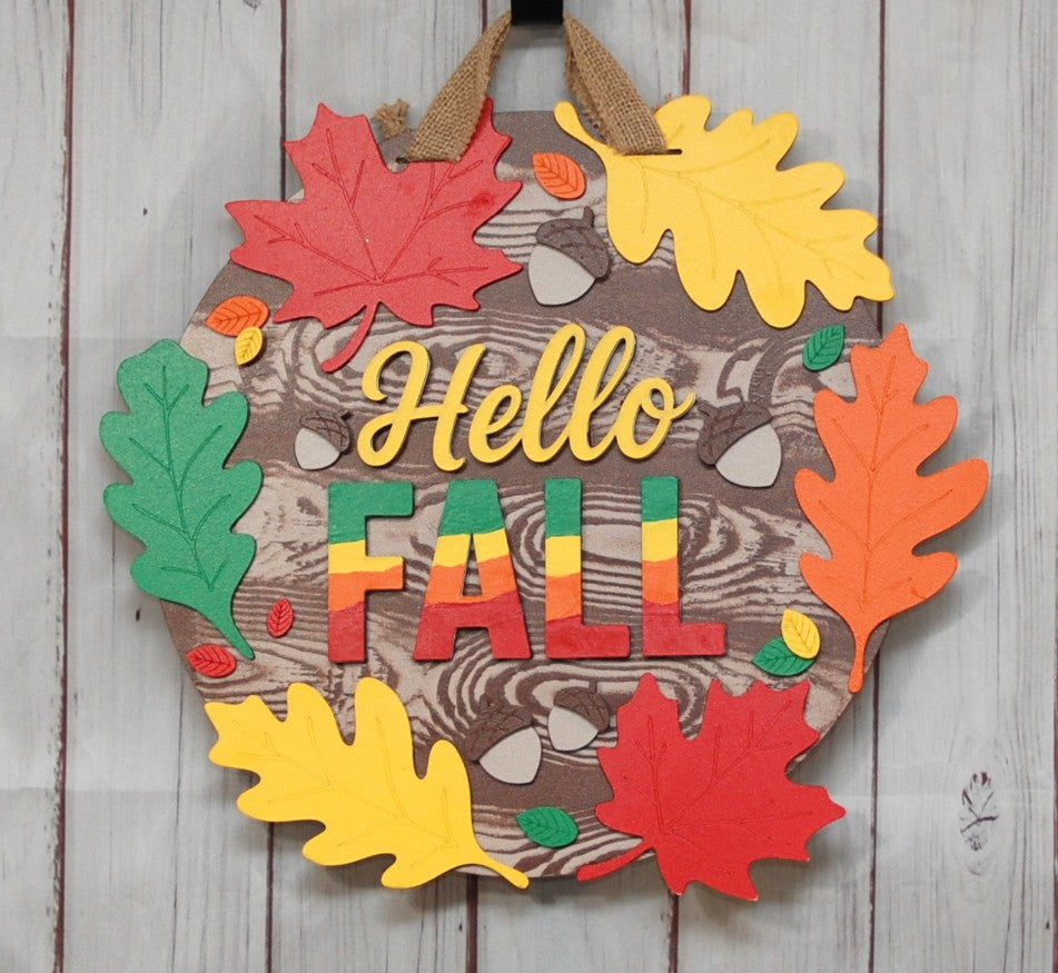 Hello Fall with autumn leaves 15" door hanger