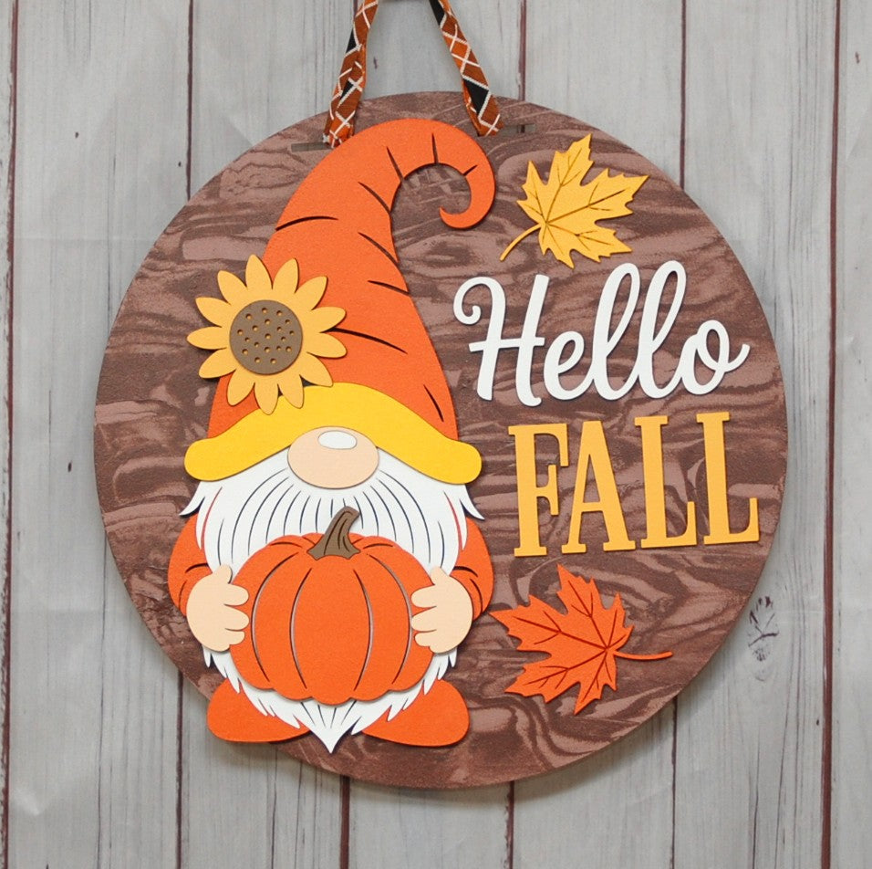 Hello Fall w/Gnome 15" door hanger